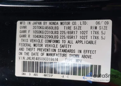 2009 Honda Cr-V Ex from USA, damaged, VIN JHLRE48509C018674